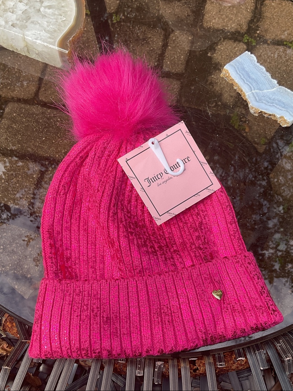 Juicy Couture Hot Pink Ribbed Beanie with Faux Fur Pom